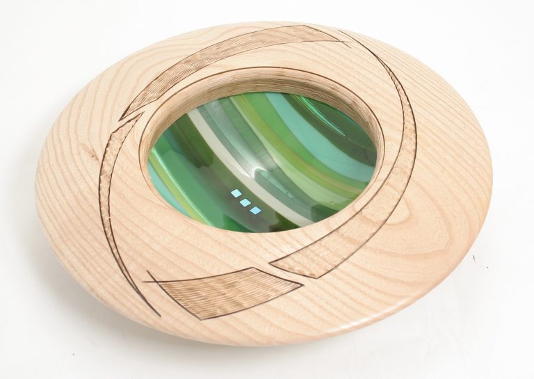 Ash Medium Wide Rim Fused Glass Bowl with Smoked Carved Detail Green 400 mm by Scott Irvine