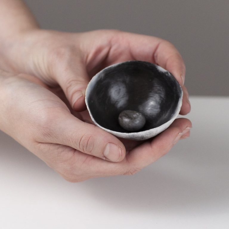 Scorched Black and White Small Shallow Vessel with Dimpled Stone by Karen Banks