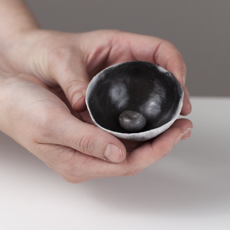 Scorched Black and White Small Shallow Vessel with Dimpled Stone by Karen Banks