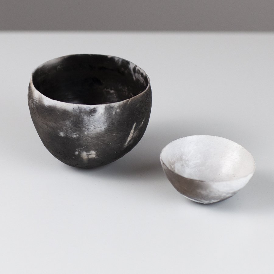 Scorched Dark Vessel with Contrasting Scorched Small Vessel by Karen Banks