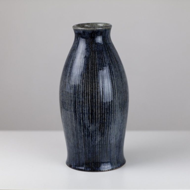 Indigo Striped Tall Bottle Vase by Karen Bunting