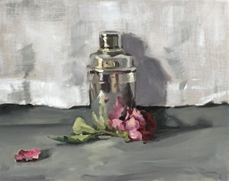 Silver Cocktail Shaker and Pink Rose by Ruth Beloe