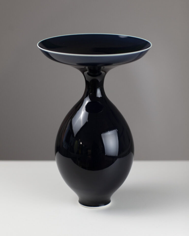 Wide top Gloss black, seafoam rim vase 8e by Anna Silverton